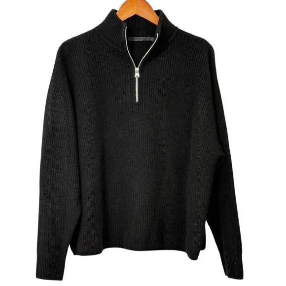 Jenni Kayne Half Zip Cashmere Sweater Black Pullover Ribbed Knit Mock EUC Size L - Picture 1 of 10